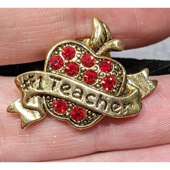 Vintage Avon #1 Teacher Apple Lapel Pin With Red Rhinestones - Picture 1 of 3